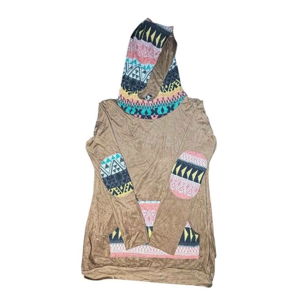 Yahada USA Geometric Striped Aztec Hooded Long Sleeve Top Womens Size S